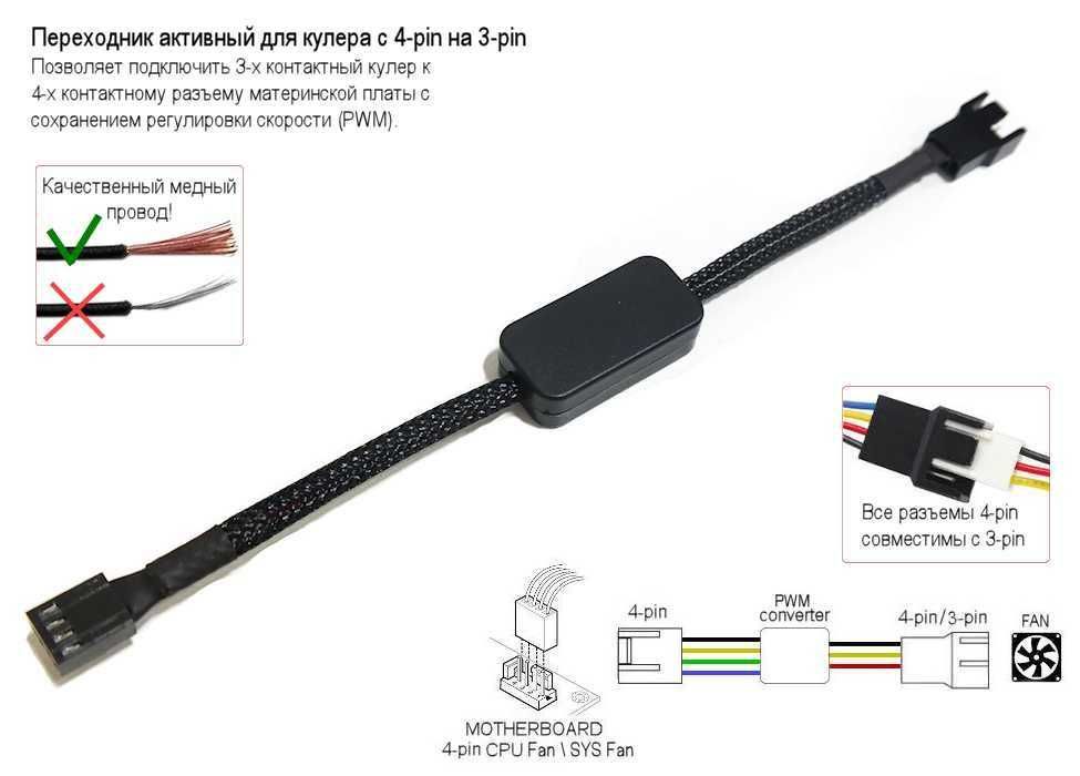 Переходник АКТИВНЫЙ для кулера с 4-pin на 3-pin PWM конвертер