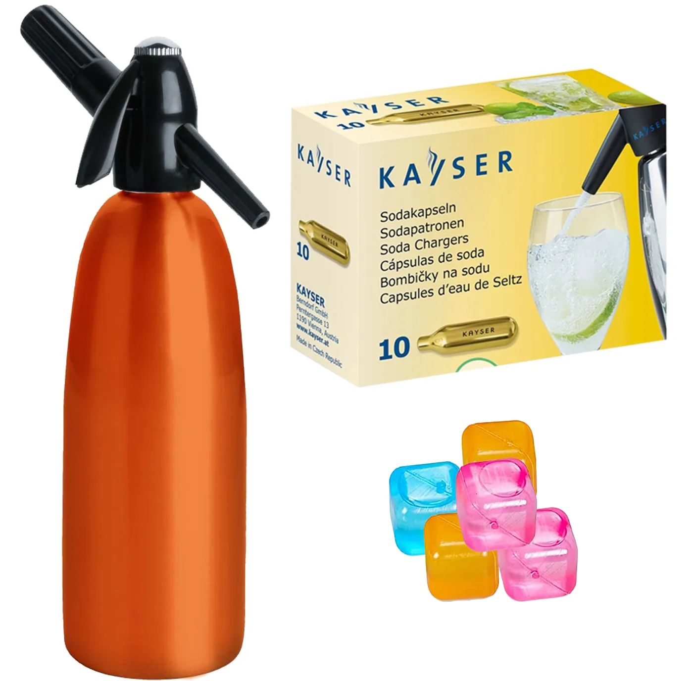 Saturator syfon do wody gazowanej pomarańczowy 1L + 10 naboi +5 kostek