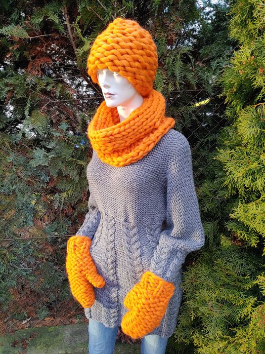 Komplet z olbrzymiej wełny Czapka, Komin, Rękawice