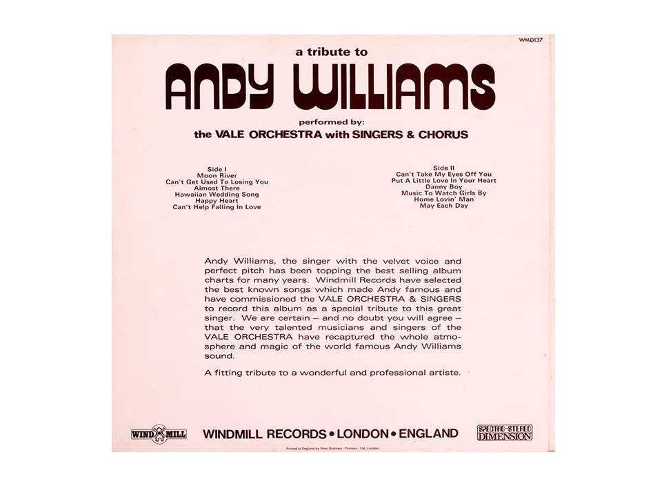 Andy Williams, The Vale Orchestra With Singers & Chorus- vinil