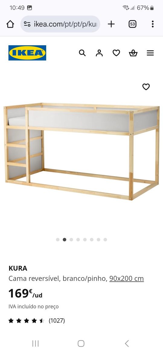Cama criança KURA com dossel rosa ou verde
Cama reversível, branco/pin