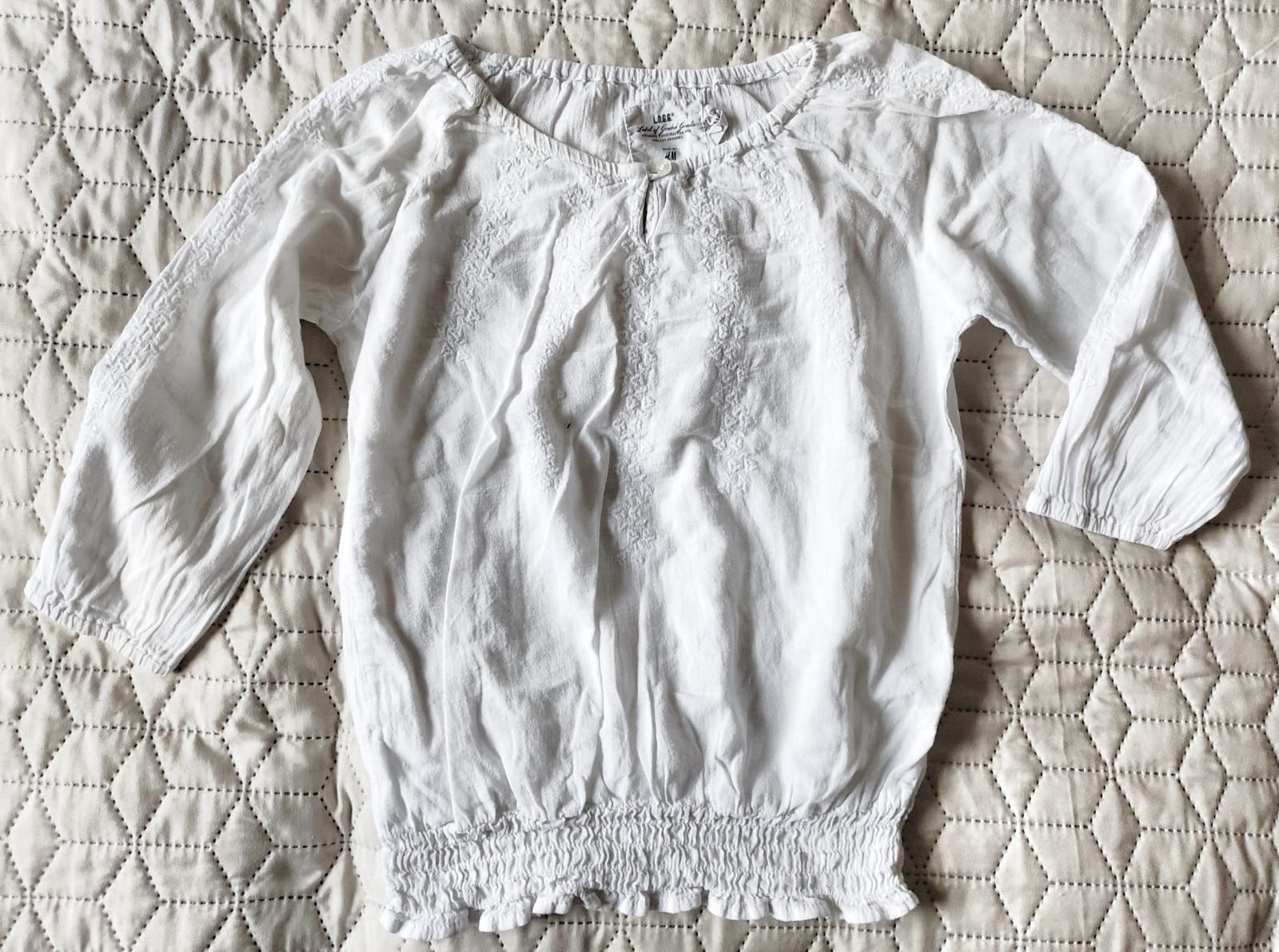 Biała bluzka koszulowa boho wyszywana bawełna h&m r.128