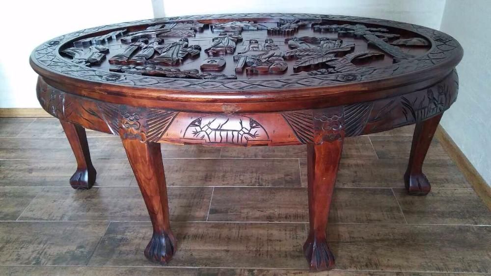 Oryginalny drewniany komplet ława stolik z szybą plus krzesełka