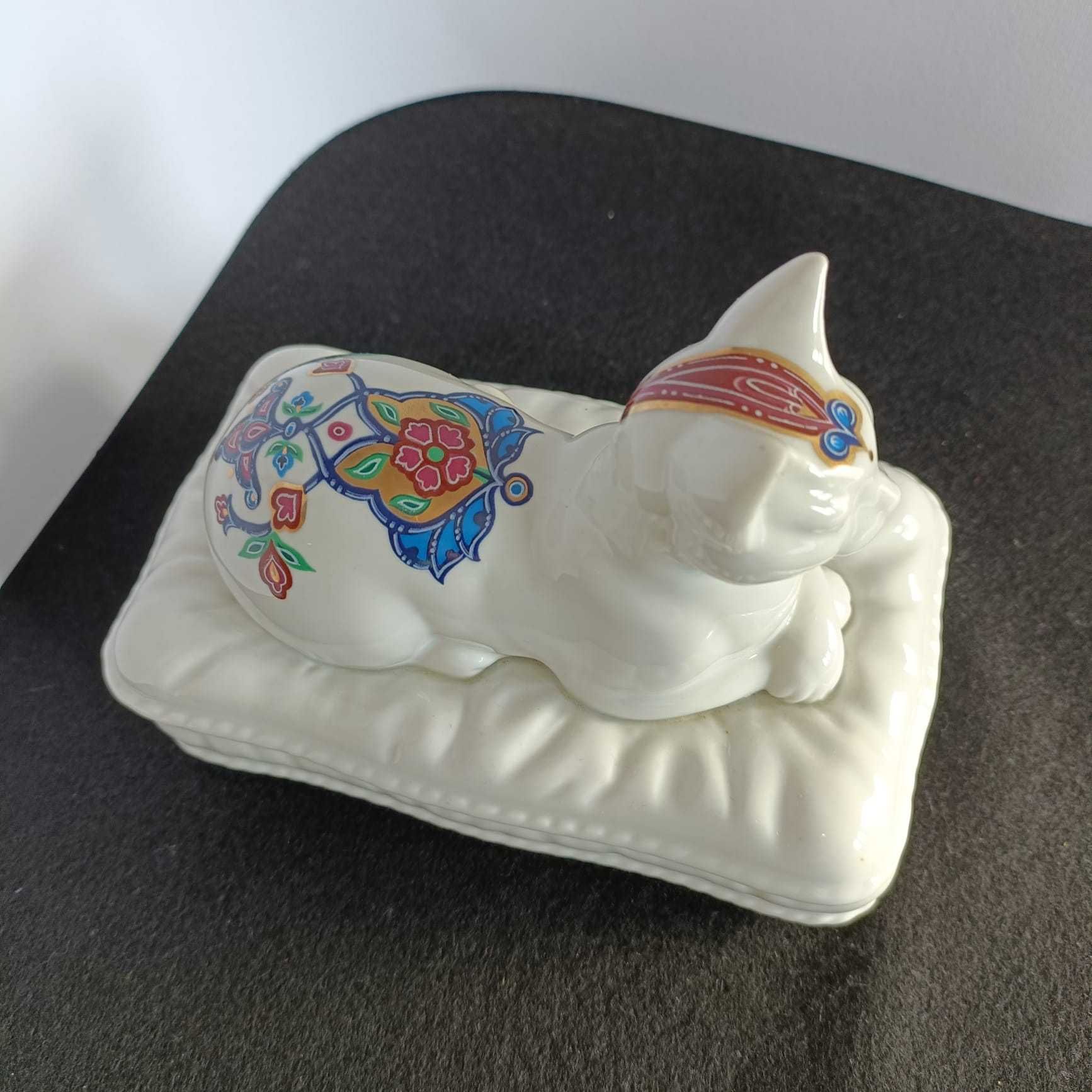 Caixa de joias de gato branco com tampa de porcelana