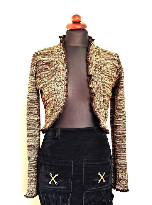 Brązowo-beżowe melanżowe bolerko sweter falbanki złota nitka  S 36