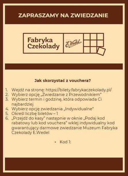 BILET / VOUCHER do muzeum fabryki czekolady E. Wedel w Warszawie