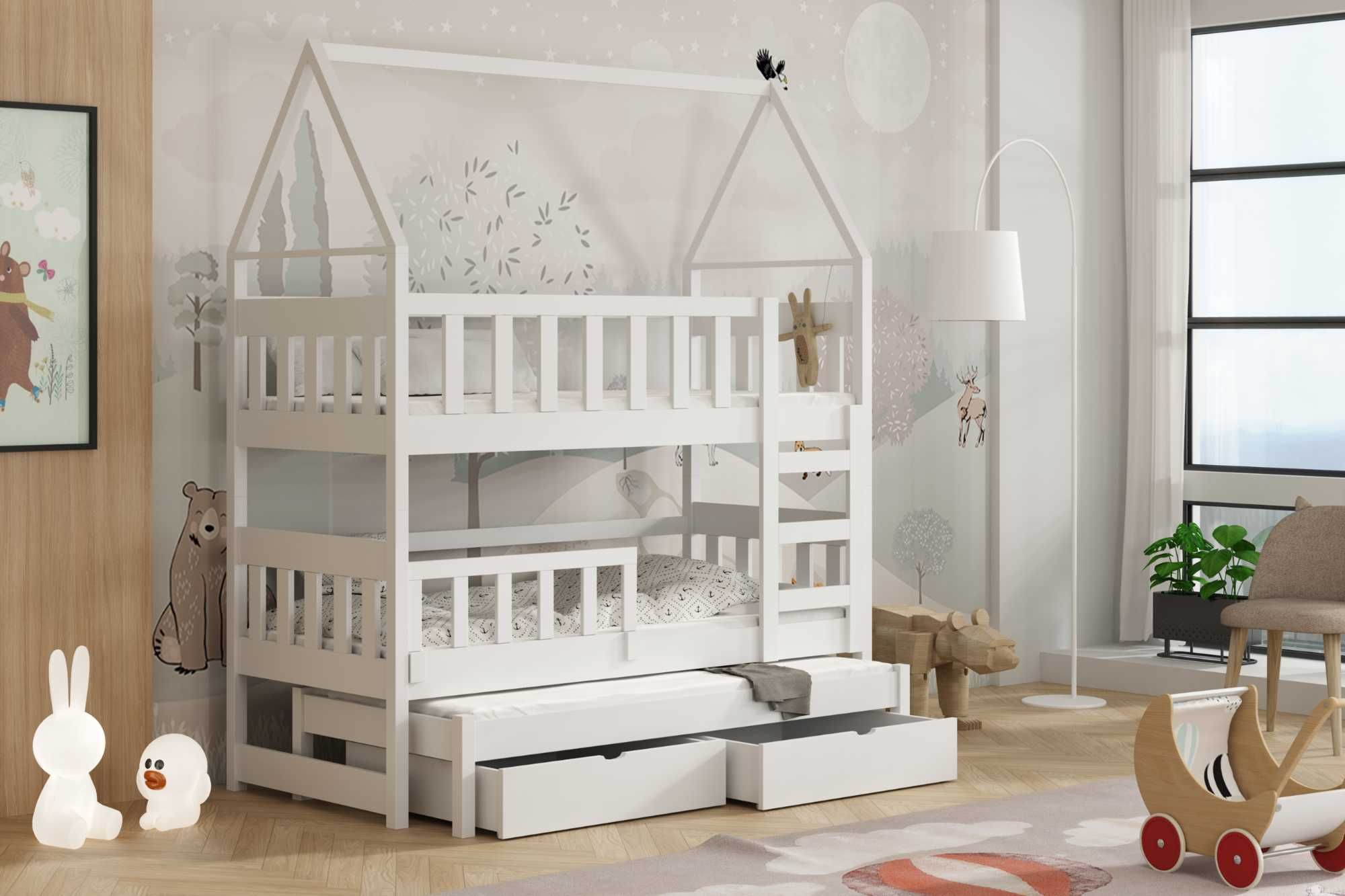 Piętrowe łóżko dziecięce domek OLA 3 os + materace