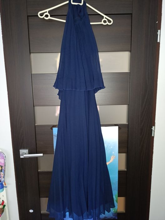 Lekka zwiewna plisowana sukienka na wesele granatowa M 38