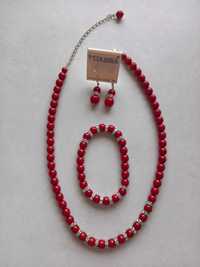 Biżuteria komplet korale + bransoletka + kolczyki kolor czerwony
