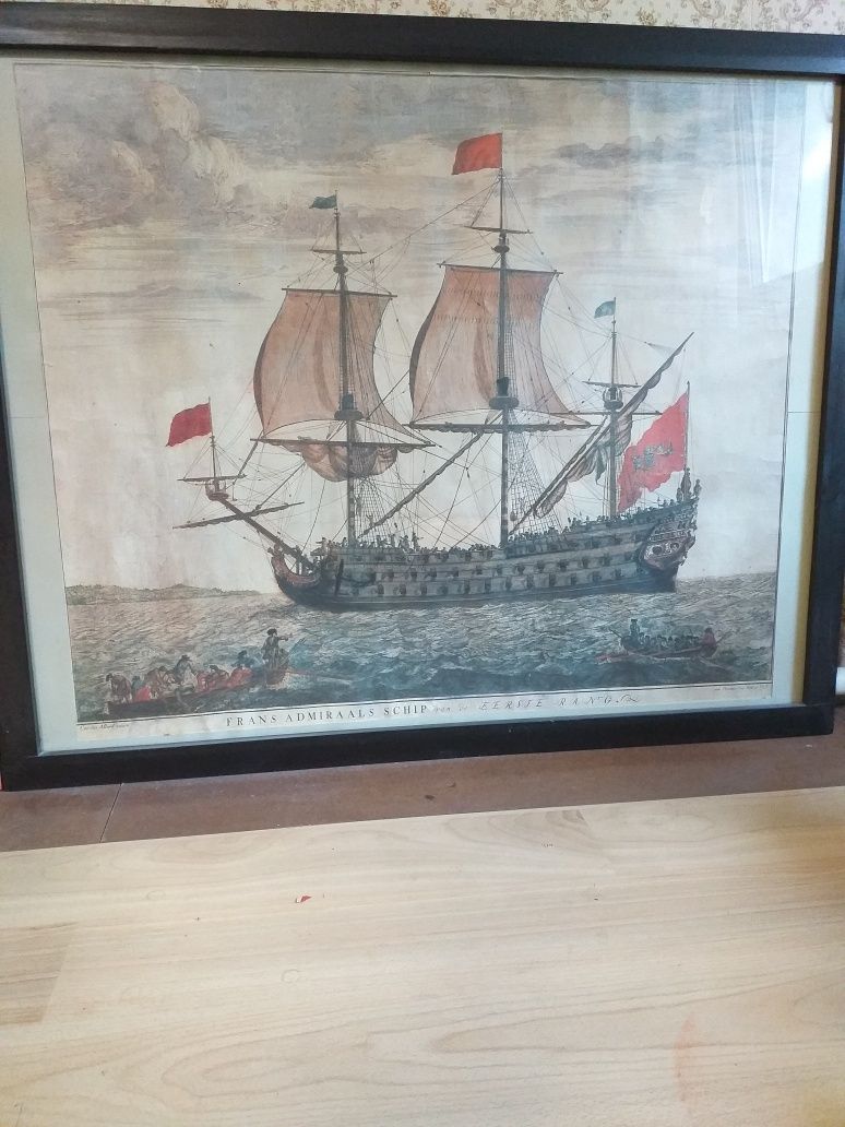 Duży plakat marynistyczny Francuski okręt Admirała.Oprawiony.
