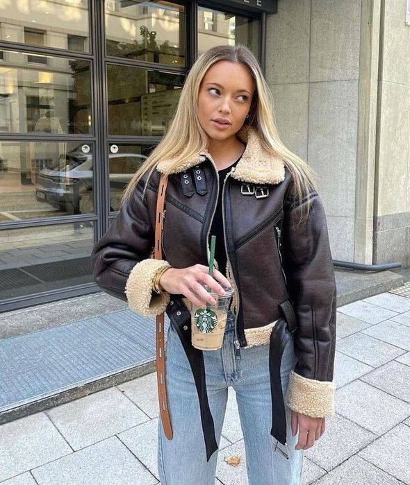 Дубленка шоколадная укороченная Зара