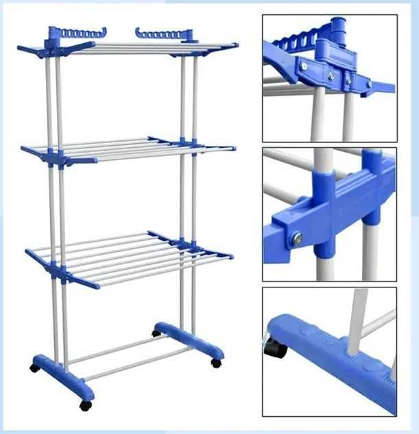 Сушарка для одягу багатоярусна на колесах складна металева стійка