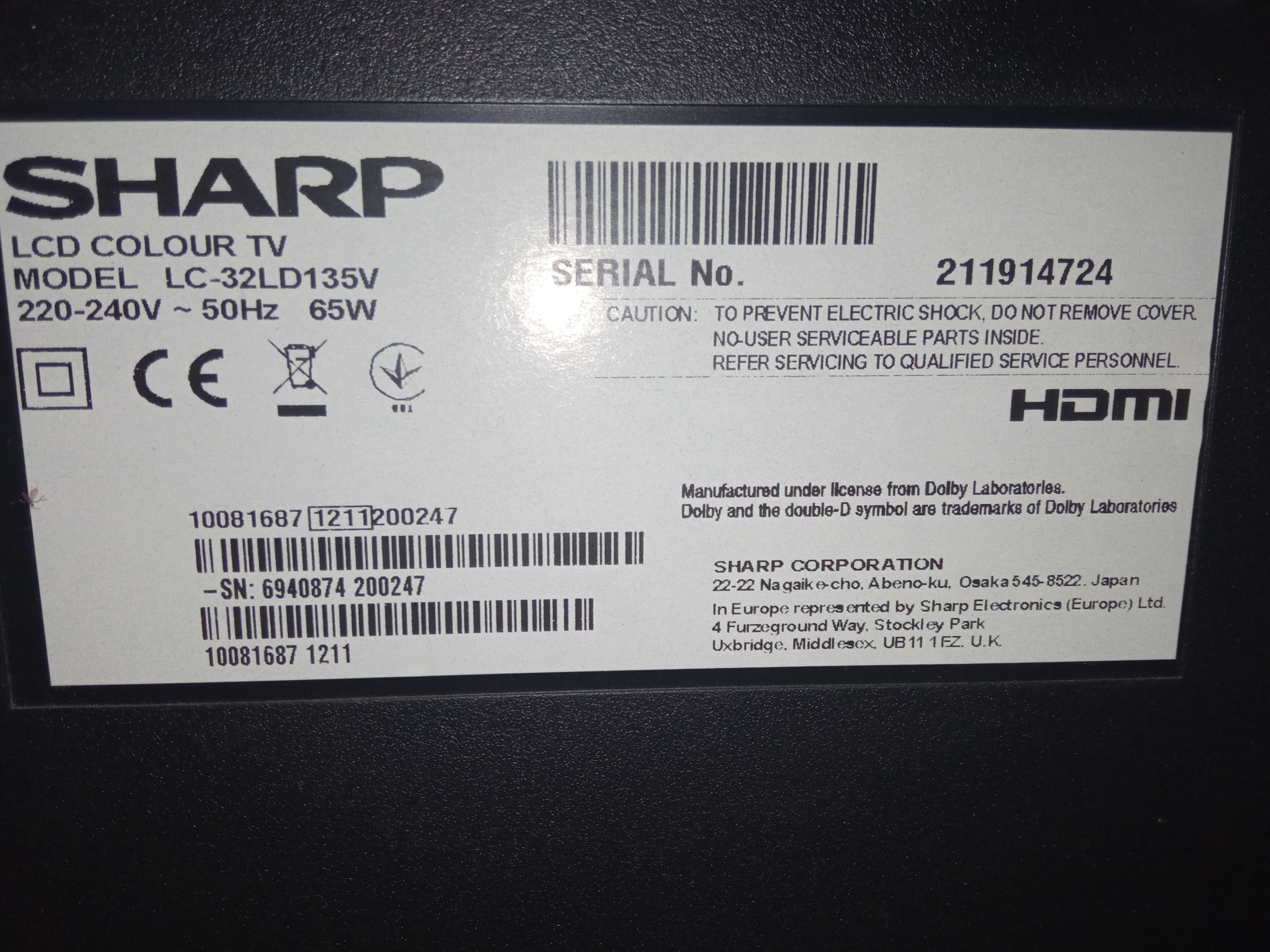 SHARP LC-32LD135V 32 cale telewizor USZKODZONE PODŚWIETLENIE matrycy