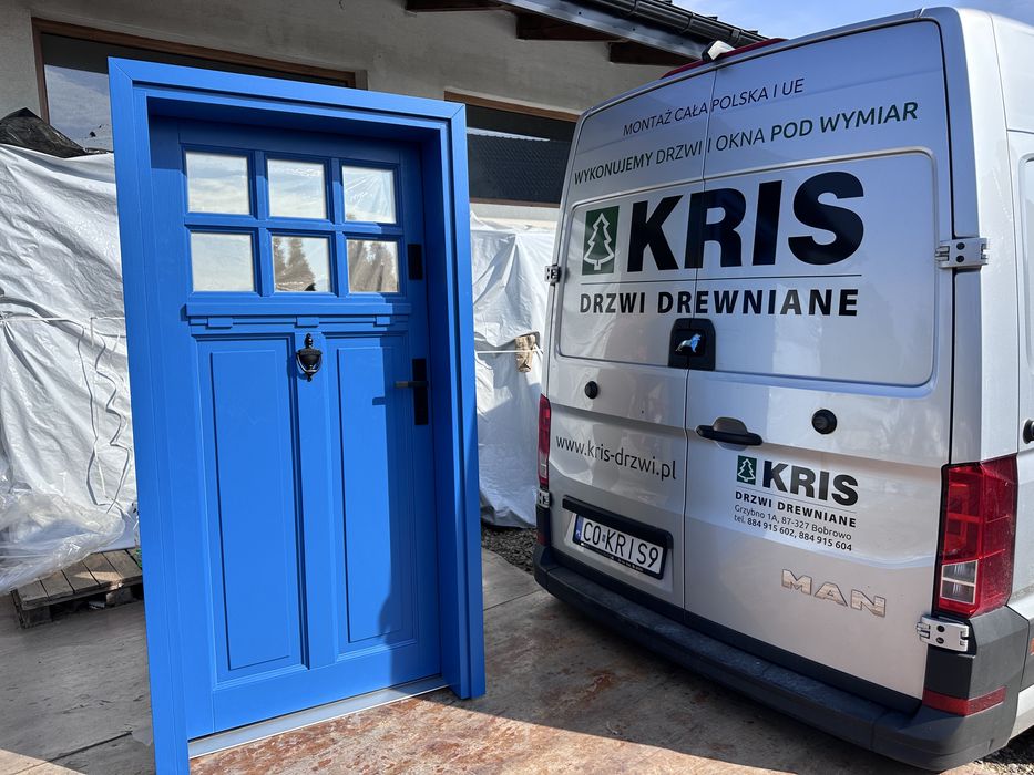 Drzwi zewnętrzne drewniane niebieskie montaż Na Wymiar  Cała Polska