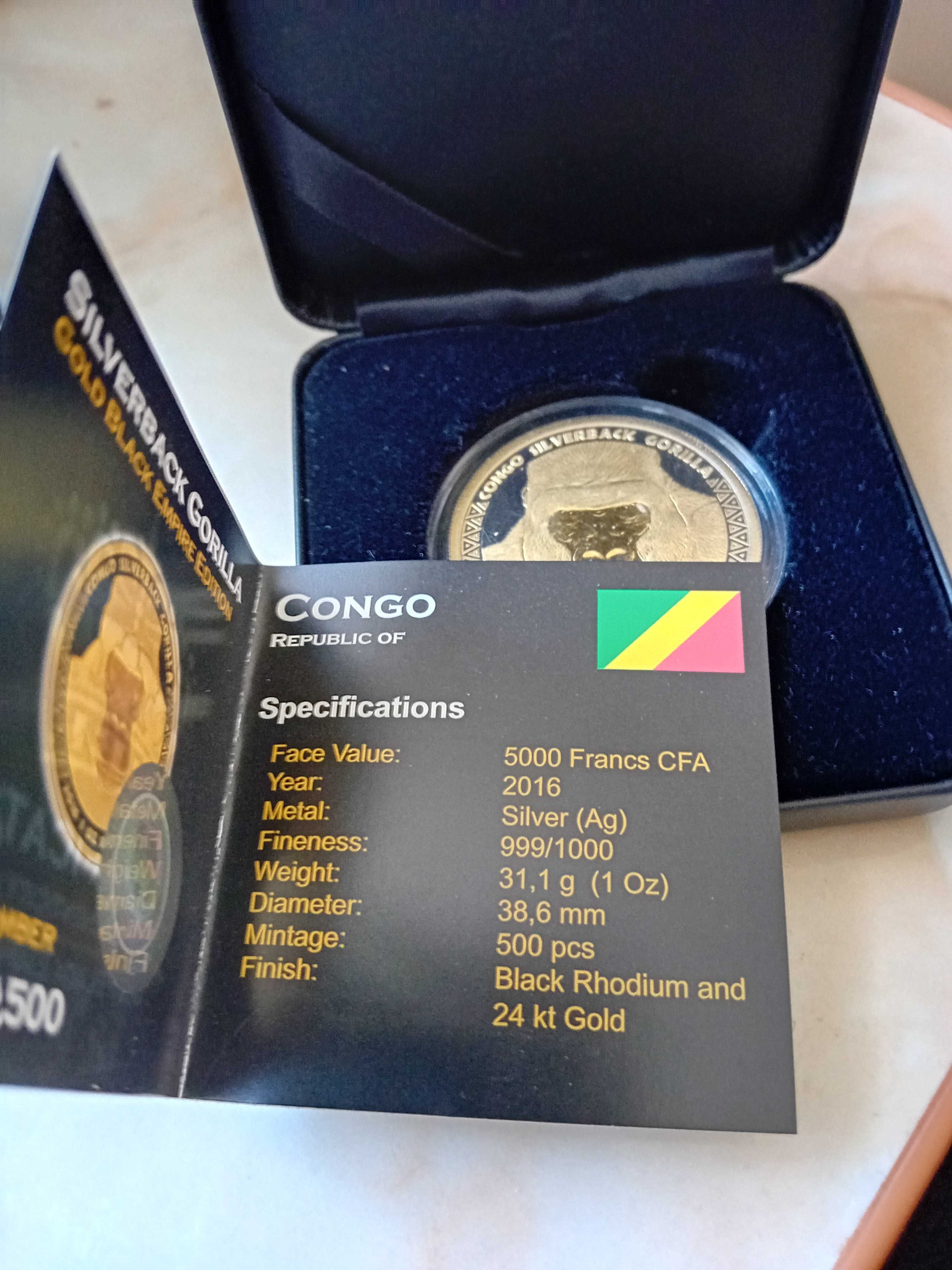 5000 francs Kongo goryl 2016 pozłacana