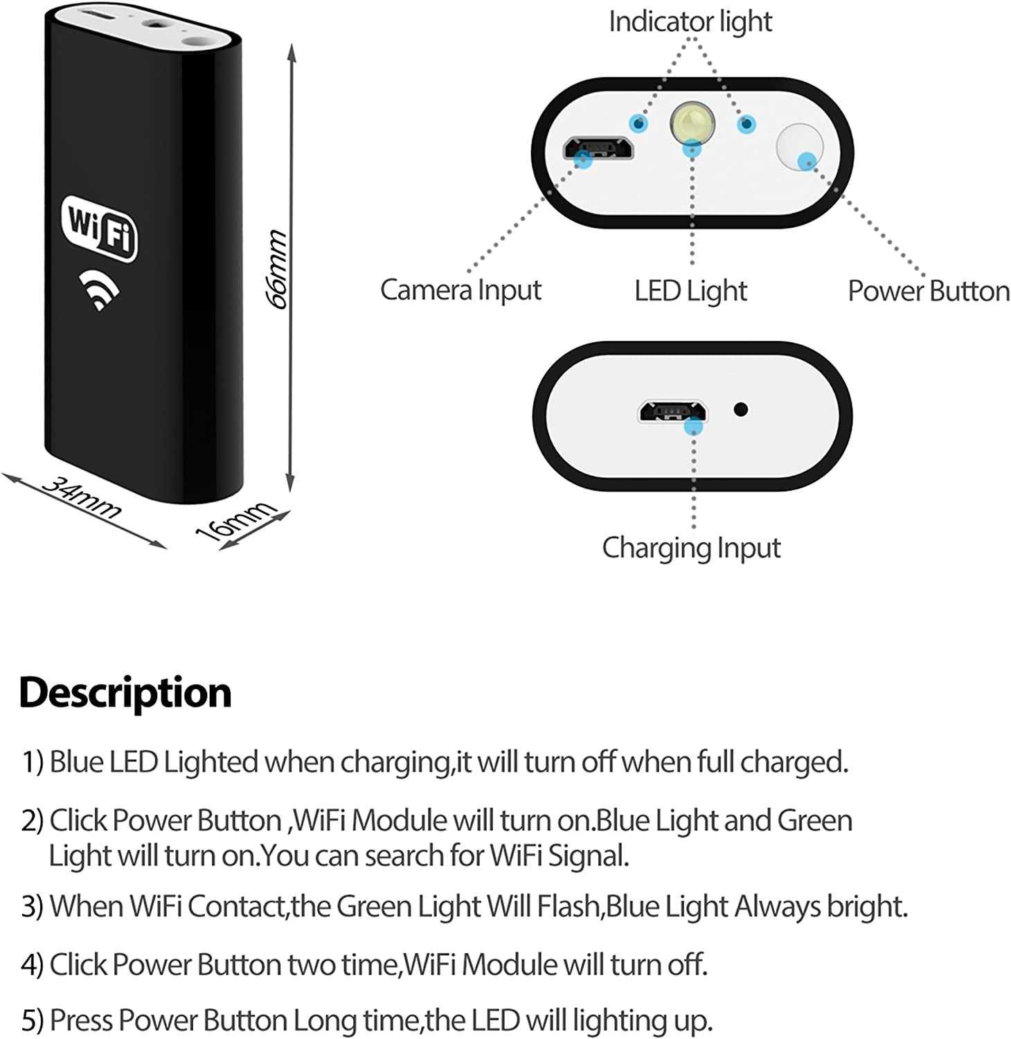 Endoscópio wifi bateria impermeável 5.5mm rígido Android / IOS