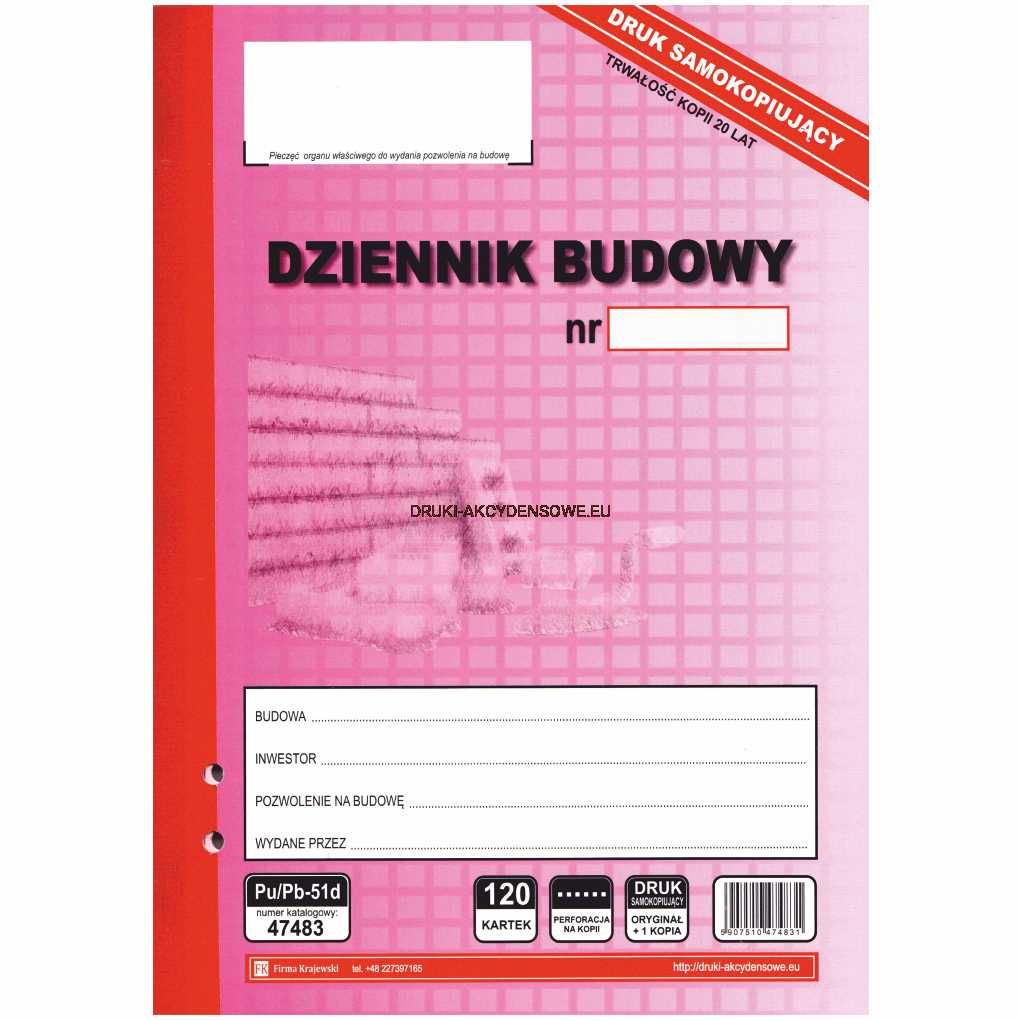 Dziennik budowy samokopiujący 120 stron [Pu/Pb-51] - uszkodzony róg