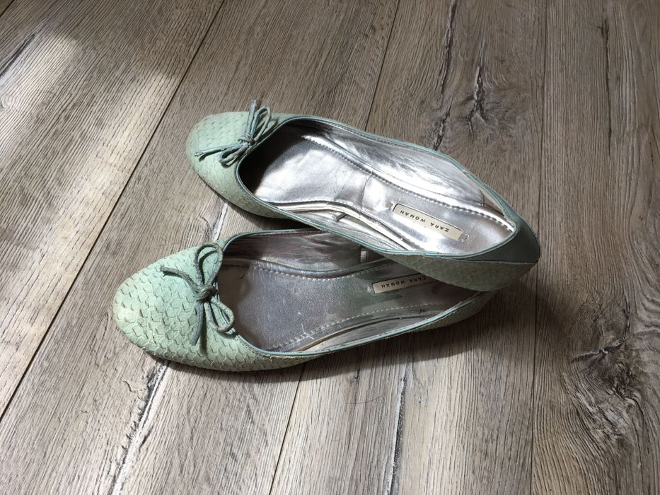 Buty skórzane baleriny Zara mietowe