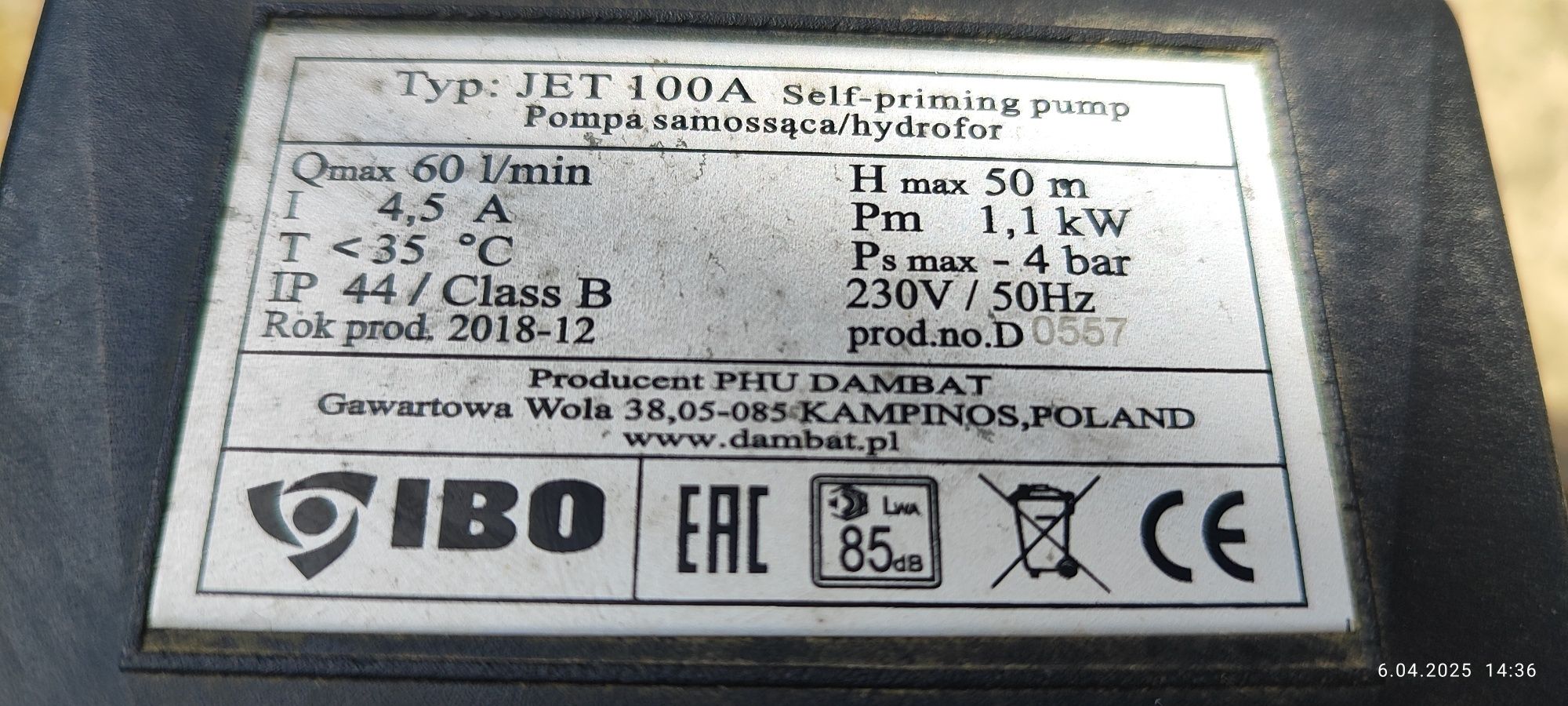 Pompa ssąca hydrofobowa 1100 W + wąż zbrojony z zaworem i koszem