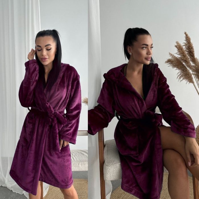 Женский махровый халат Теплый зимний с капюшоном/поясом 42-52 фреза