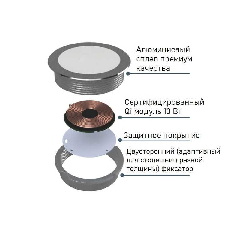 Беспроводная зарядка QI-8010 установка в столешницу (d=80 мм, 10Вт)