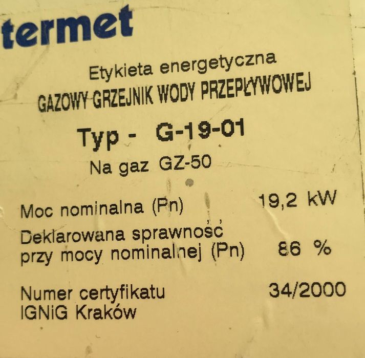Przepływowy ogrzewacz gazowy grzejnik wody przepływowej termet G-19-01