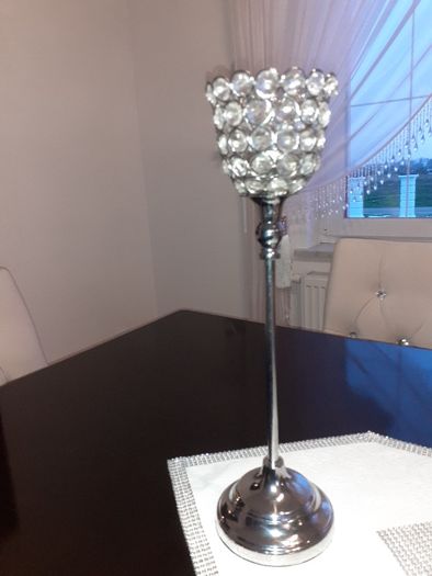 Świecznik chromowany, kryształy, glamour 40 cm