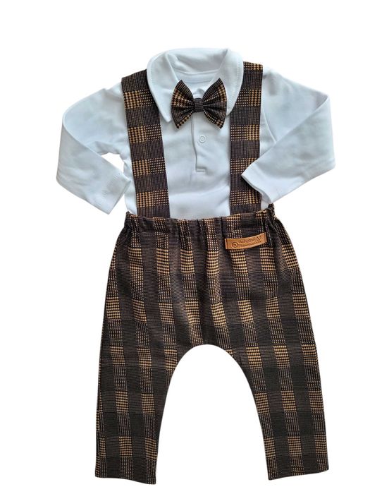 Elegancki zestaw garnitur na chrzest roczek kratka handmade 80