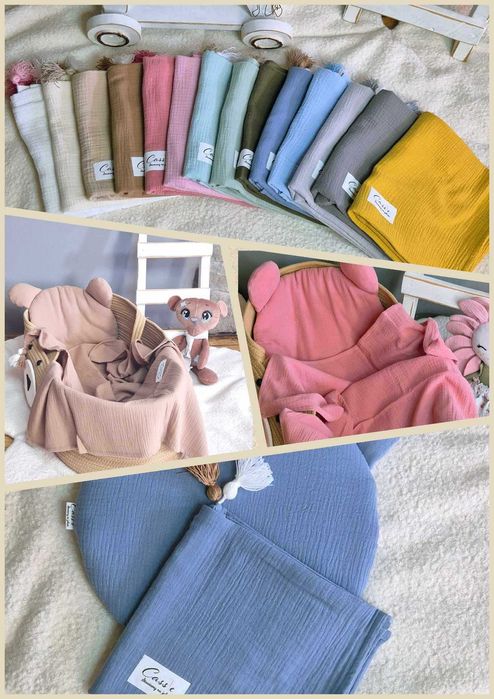 Duży markowy muślinowy otulacz ,kocyk z chwostami +Podusia typu Miś