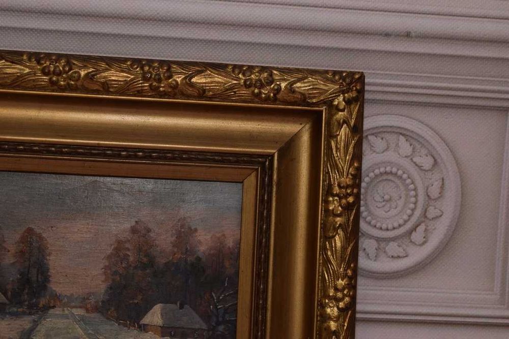 ST Kamocki - Pejzaż Polskiej Wsi Wiejska Chata - Stary Obraz na Drewni