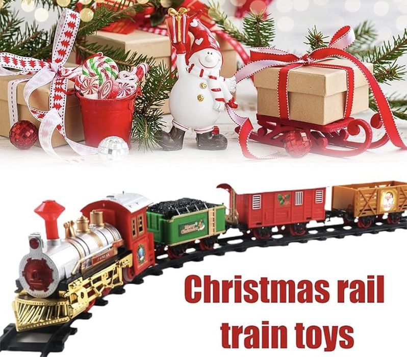 Дитяча різдвяна залізниця поїзд що світиться та гуде святкова іграшка