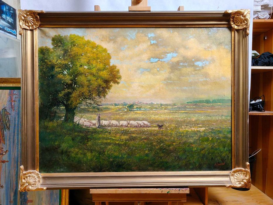 Obraz olejny, pasterz z owcami na polach, złocona rama