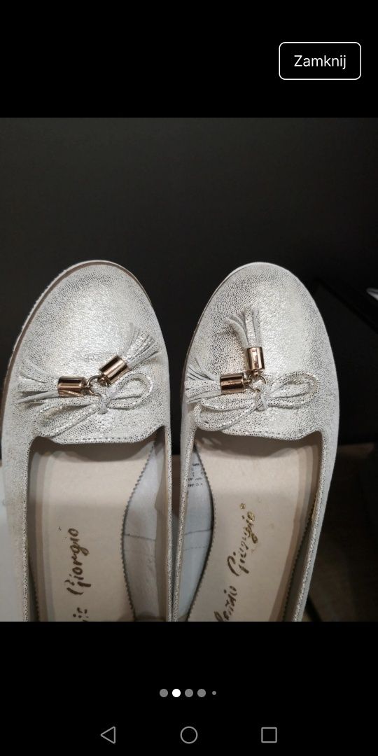 Skórzane buty damskie Alexio Giorgio srebrne espadryle baleriny