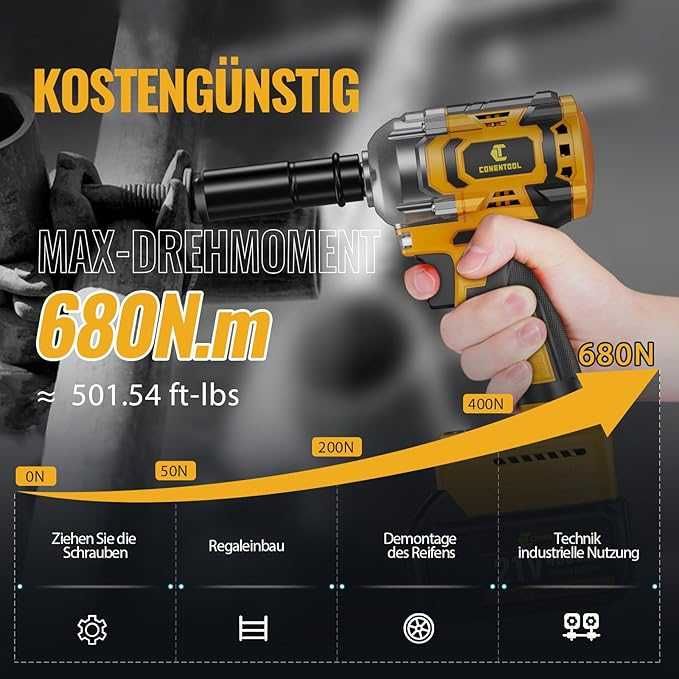 Klucz Udarowy Akumulatorowy 680 Nm, 21 V z Baterią 4000 mAh