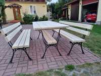 Stół ogrodowy + ławki z nogami żeliwnymi