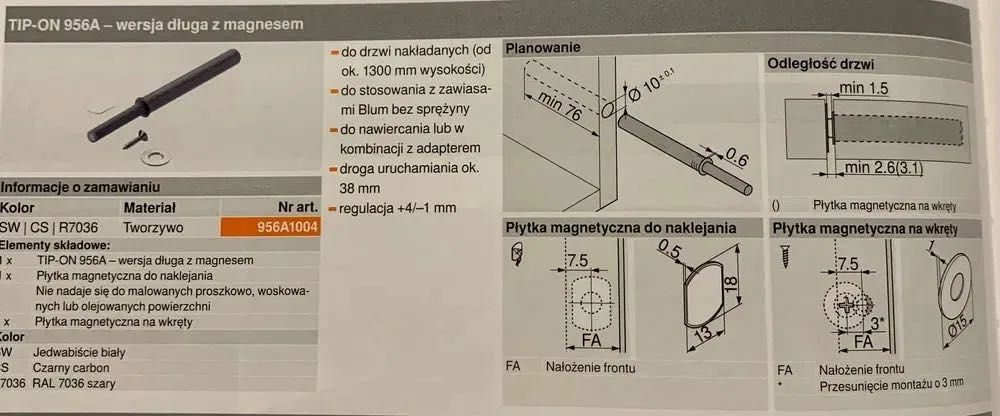 BLUM TIP-ON 956A wersja długa z magnesem