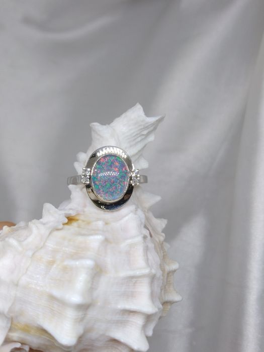 Zloty pierścionek z diamentami i  opalem, złoto białe 585, Rozmiar 20