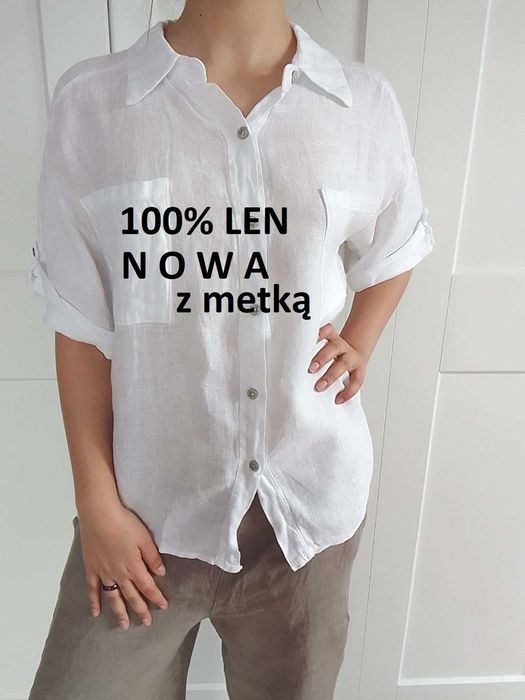 Nowa lniana biała koszula bluzka 100% len puro lino S M L uniwersalna