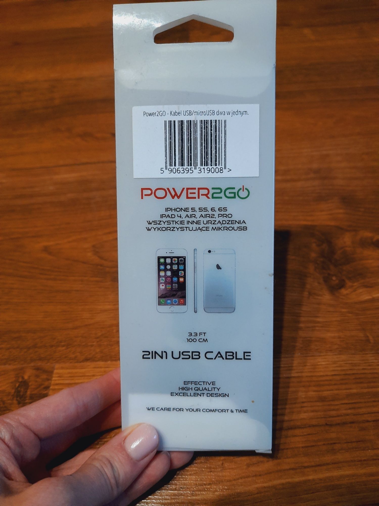 Power2go 1 m, kabel USG/microUSB dwa w jednym, iPhone 5, 5S, 6, 6S,