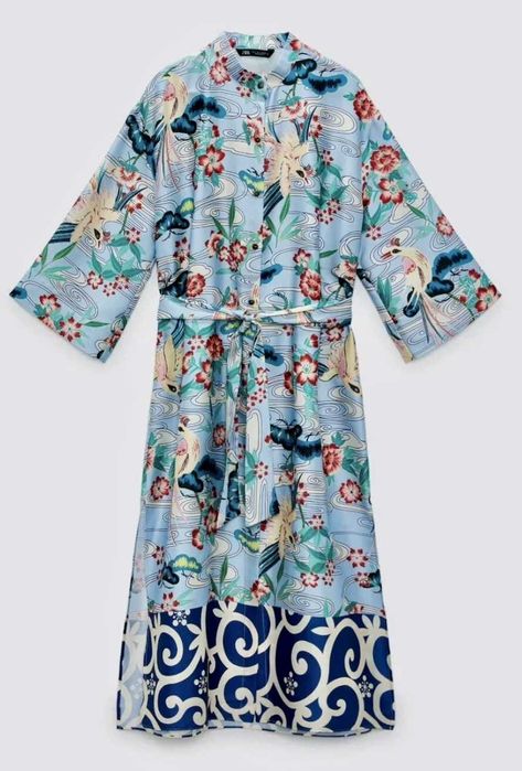 Zara Koszulowa Kimono z ptakami, kwiatami, orientalny pint XL