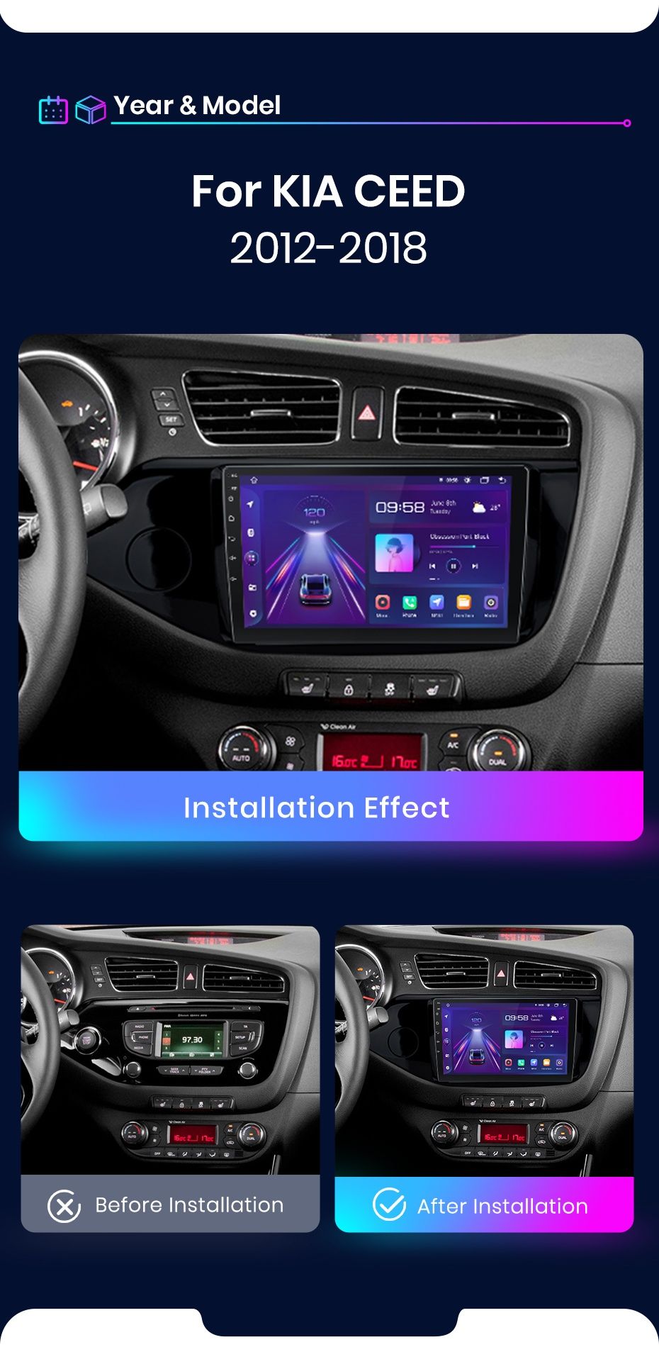 Rádio 9" android Kia Ceed 2012 a 2018 WIFI GPS Novo