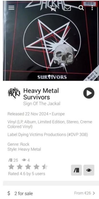 Sign Of The Jackal Heavy Metal Survivors Creme Winyl Limited Edition