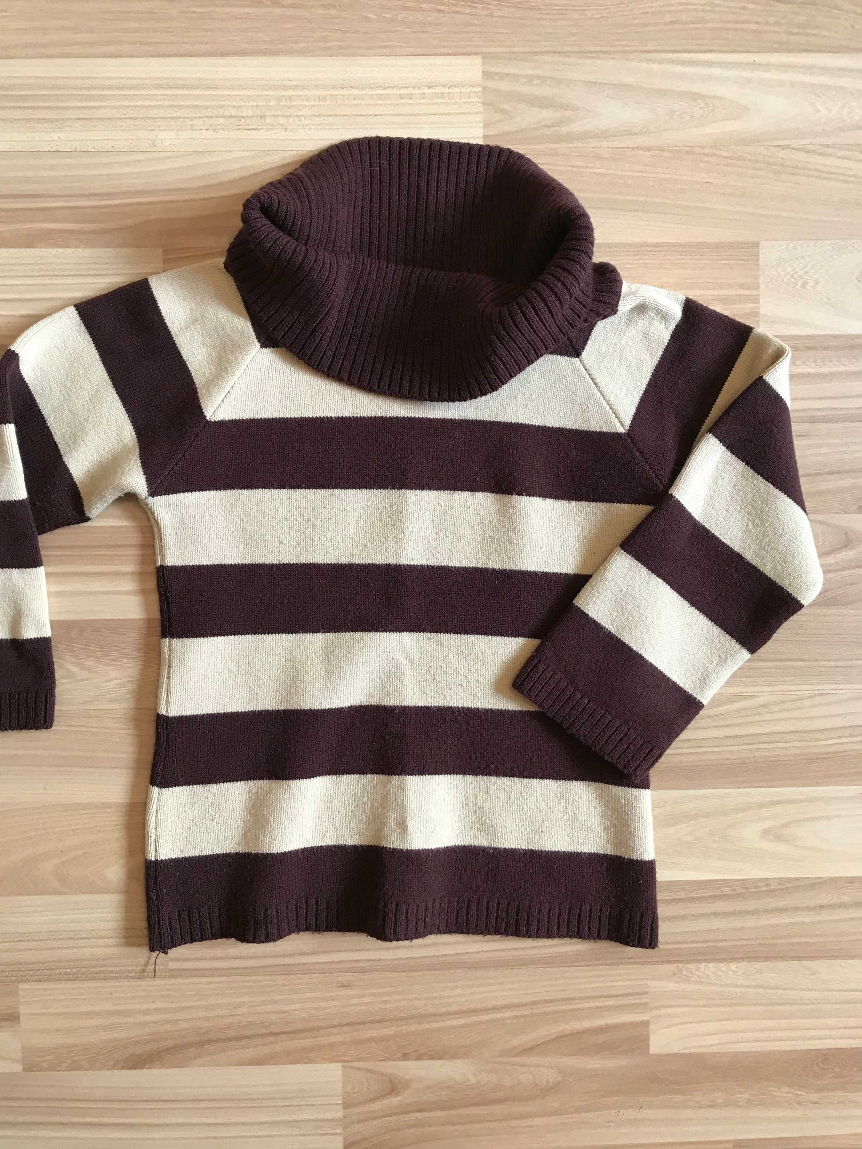 Sweter w paski pasy rękaw 2/4 czekoladowo-kremowy r. 36 vintage retro