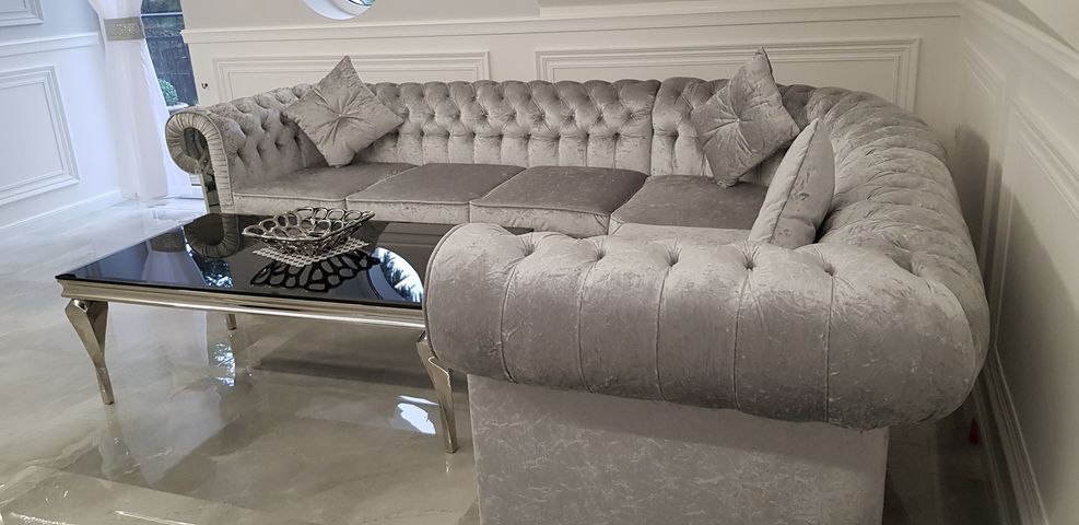 SREBRNY narożnik ROZKŁADANY Chesterfield GLOSS - GLAMOUR / Producent