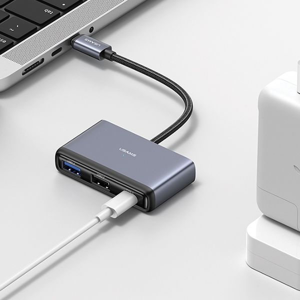 USAMS Adapter HUB 5w1 USB 2.0/USB 3.0/USB-C/TF/SD szary/dark grey