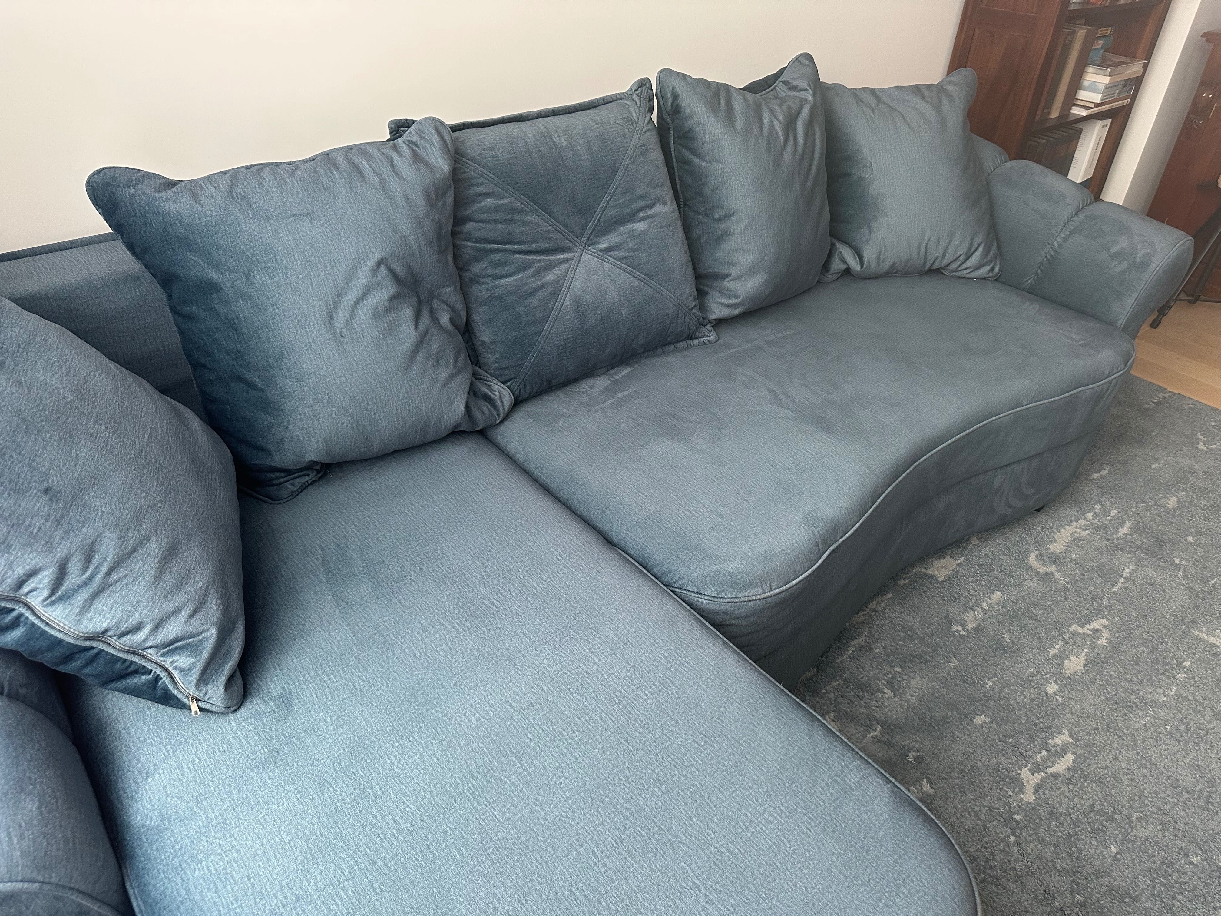 Sofa narożna, z możliwością spania, welurowa zielono-granatowa