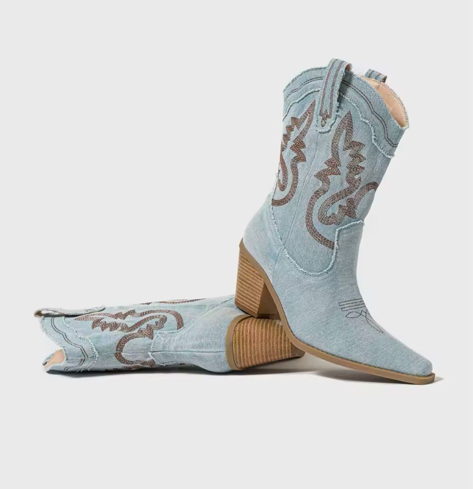Kowbojki damskie kozaczki modne niebieskie botki jeans