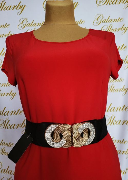 Pasek damski ELASTYCZNY guma czarna złota ósemka z cyrkoniami