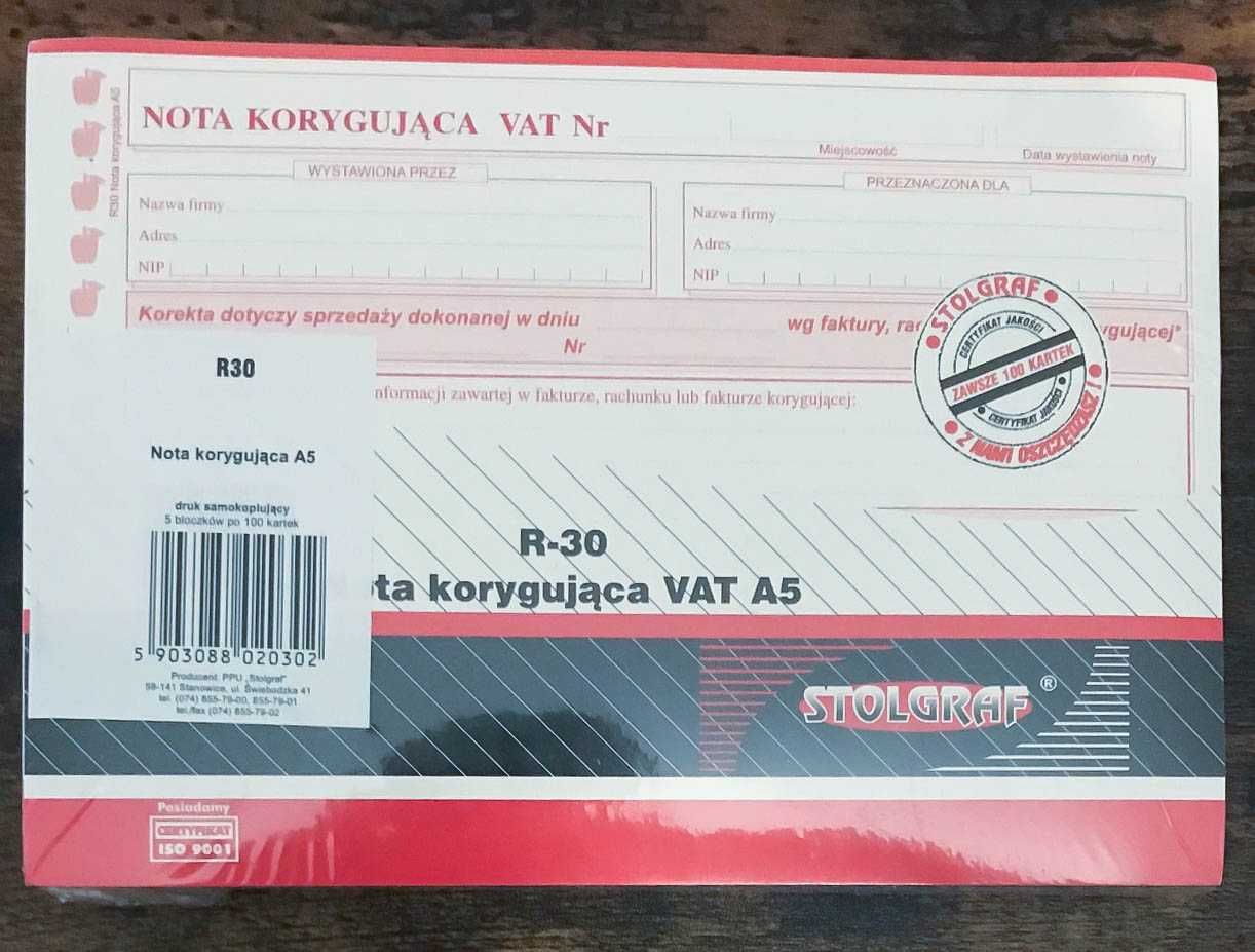 STOLGRAF Nota Korygująca Vat. Druk R-30 A5 Pń