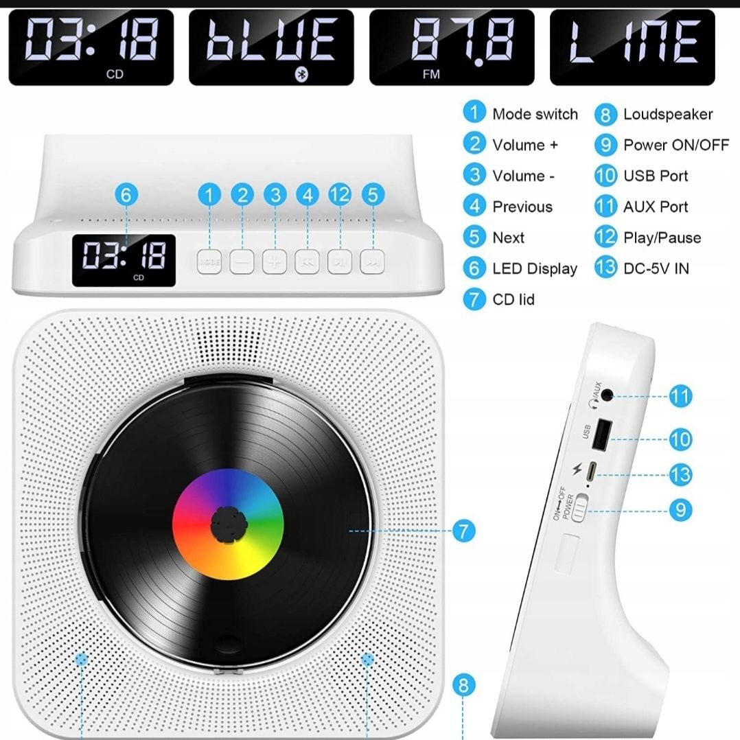 Odtwarzacz Przenośny CD Głośnik Bluetooth Radio